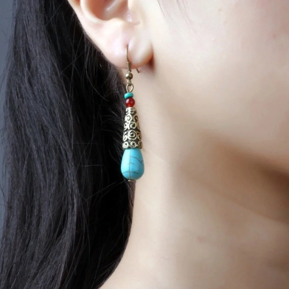 Set of Necklace and Earrings Bohemian Indian Braided Rope Dangle Blue Stone
